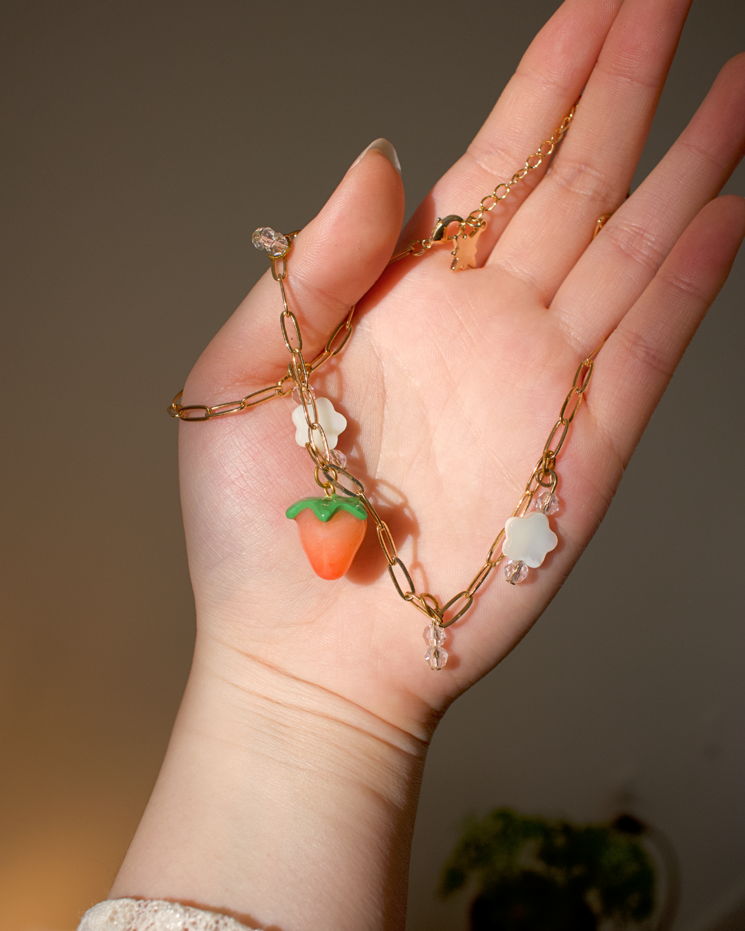 Gold strawberry flower dangle charm necklace