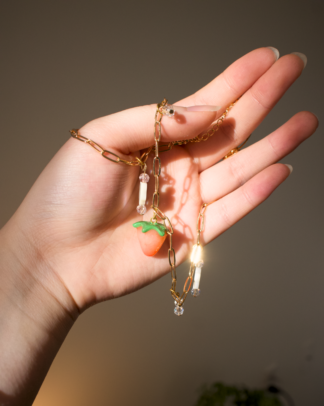 Gold strawberry flower dangle charm necklace