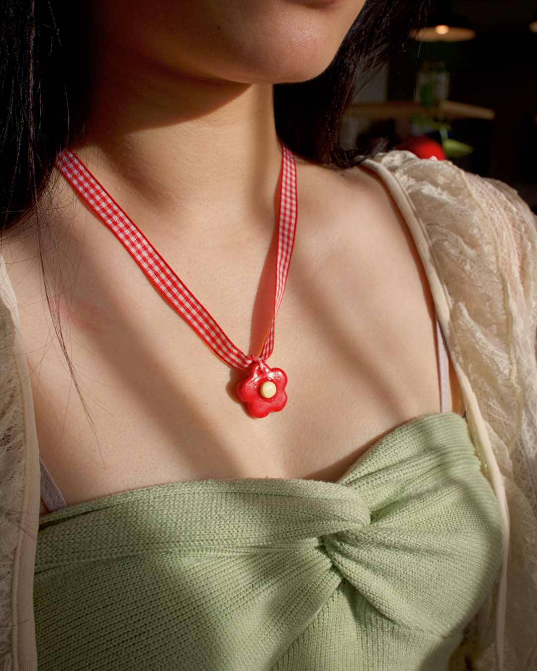 Red daisy gingham ribbon necklace