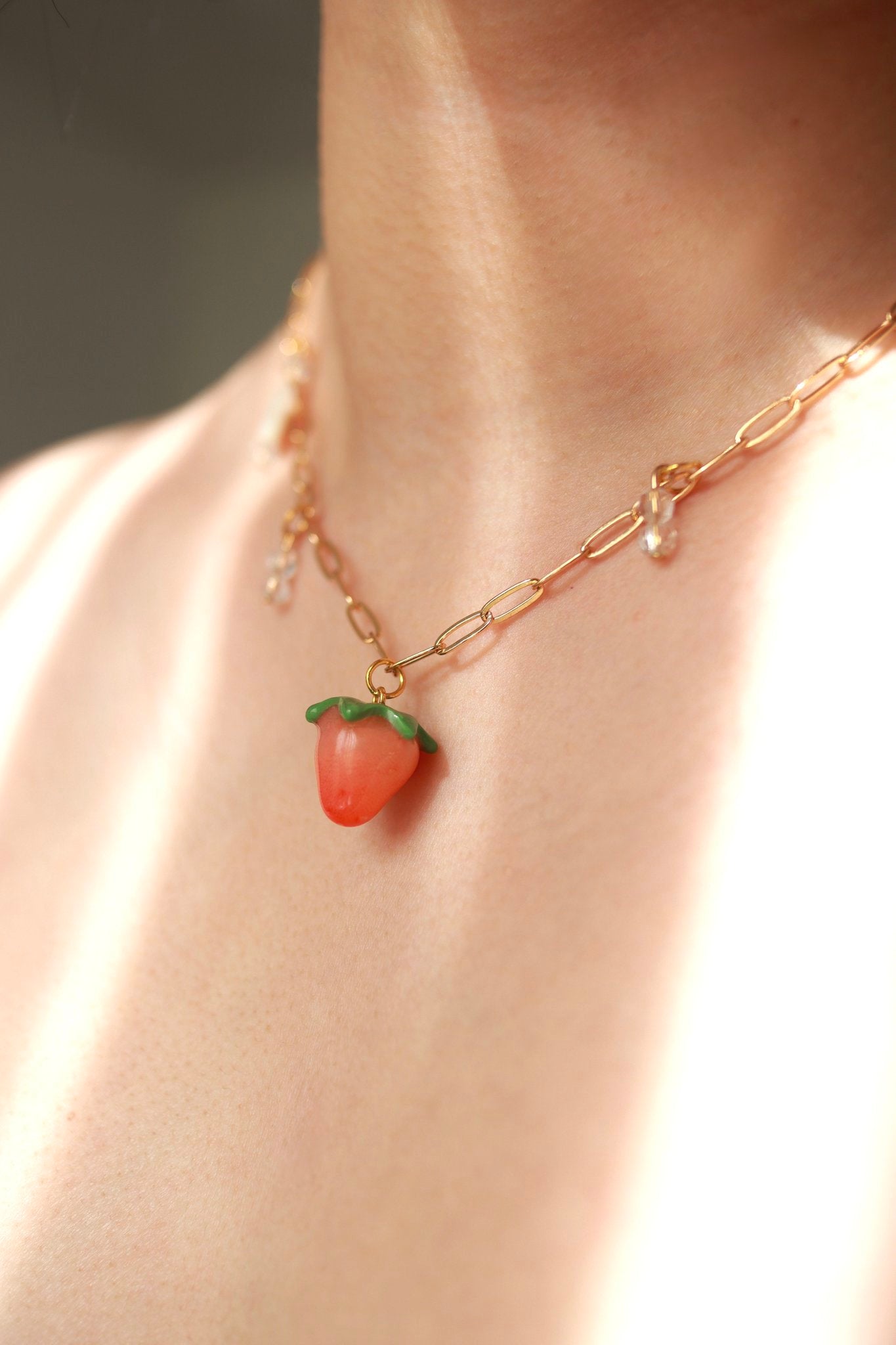 Gold strawberry flower dangle charm necklace