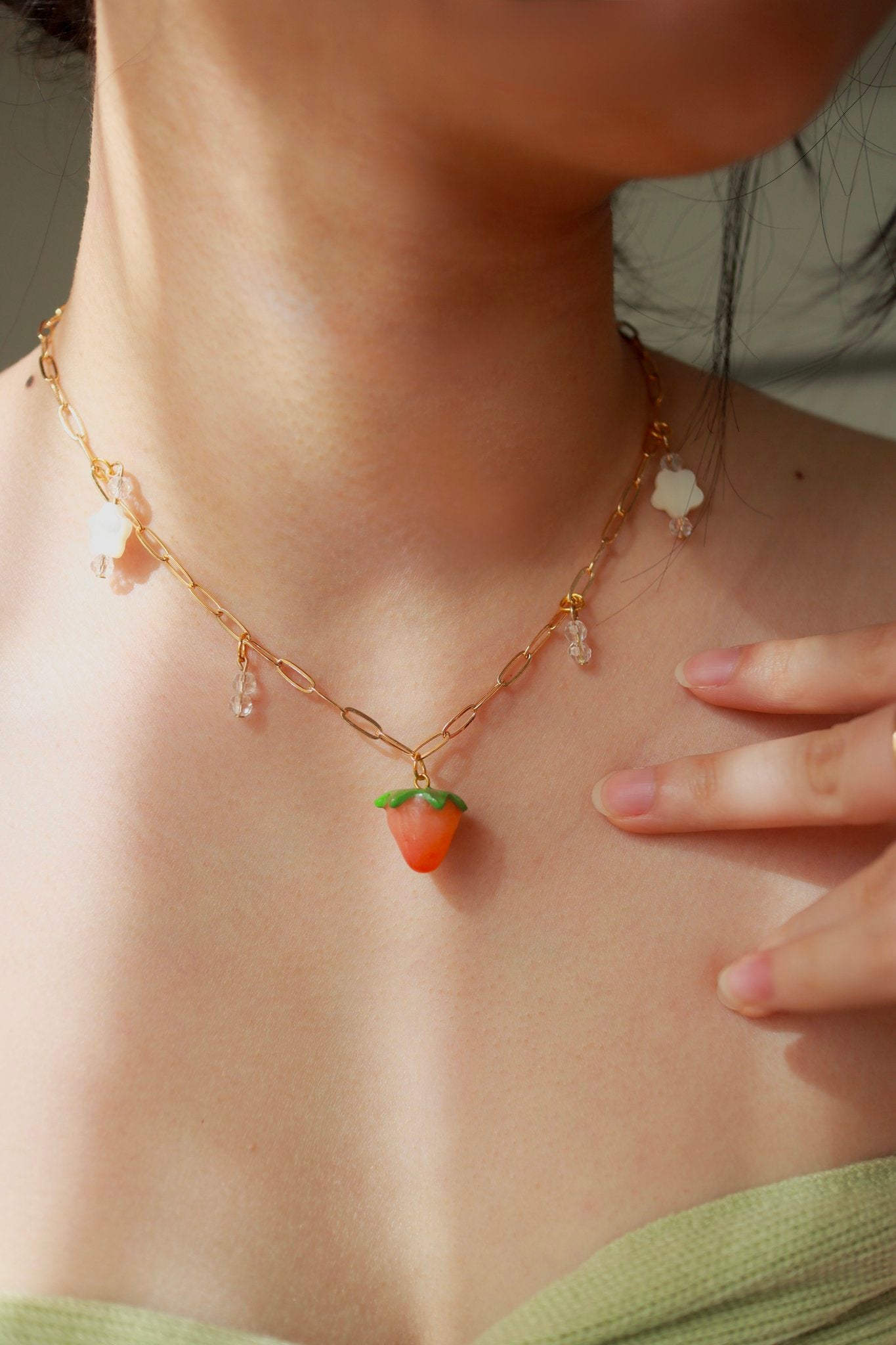 Gold strawberry flower dangle charm necklace