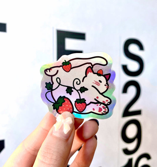 Holographic Strawberry Cat Sticker | Cat Sticker | Kitten Sticker | Cute Animal Sticker | Fruit Sticker | Laptop Sticker | Vinyl Sticker