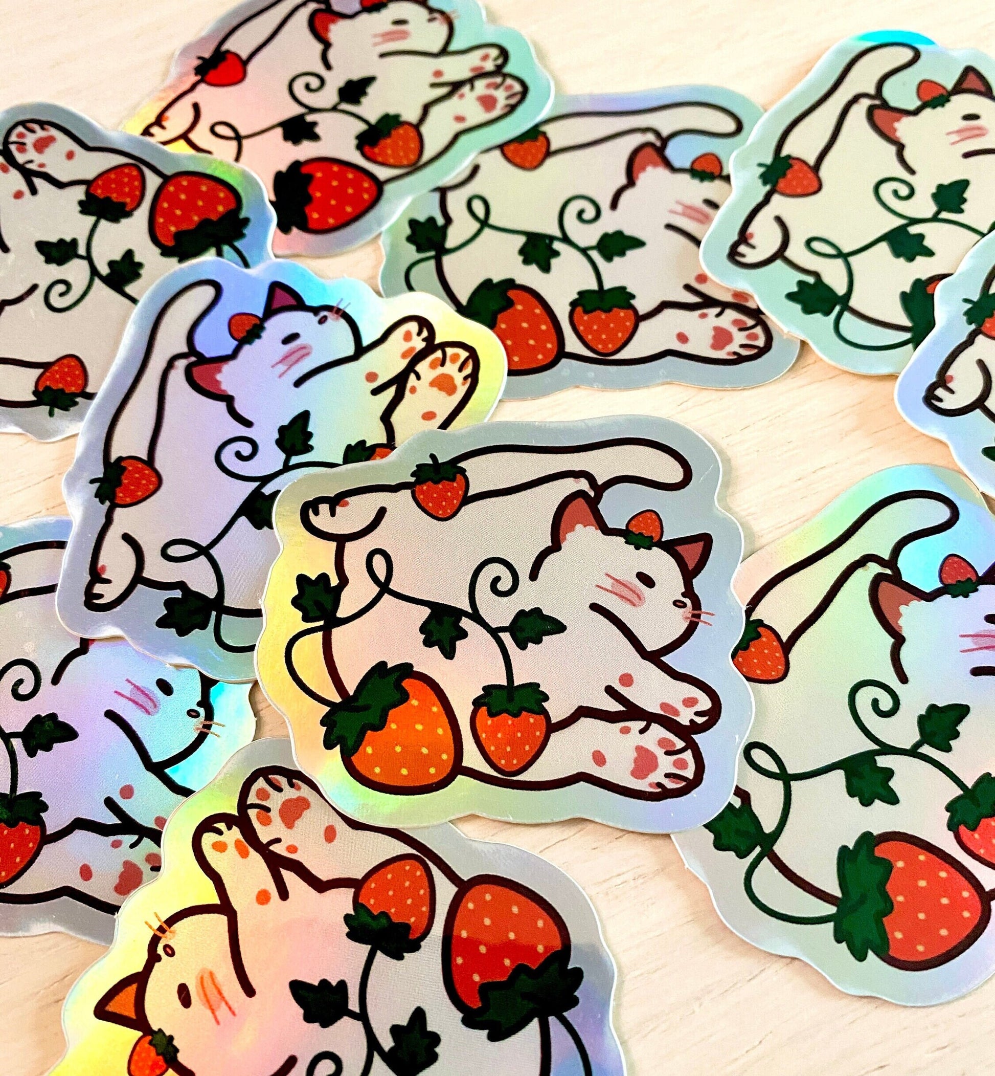 Holographic Strawberry Cat Sticker | Cat Sticker | Kitten Sticker | Cute Animal Sticker | Fruit Sticker | Laptop Sticker | Vinyl Sticker