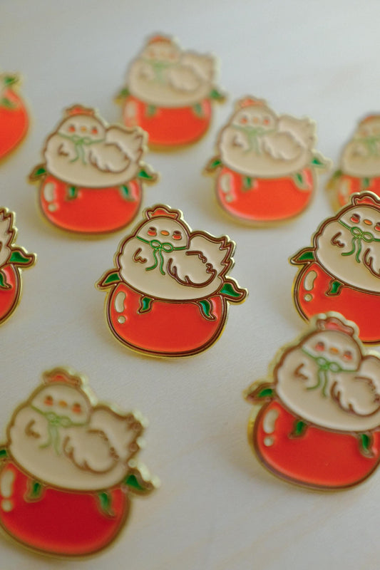 Cute Chicken Tomato Enamel Pin | Chicken Enamel Pin | Chicken Sitting On Tomato | Tomato Enamel Pins | Cute Animal Enamel Pins | Enamel pins