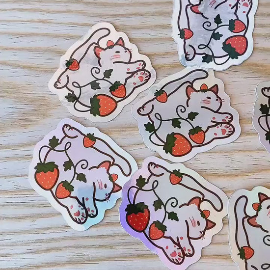 Holographic Strawberry Cat Sticker | Cat Sticker | Kitten Sticker | Cute Animal Sticker | Fruit Sticker | Laptop Sticker | Vinyl Sticker