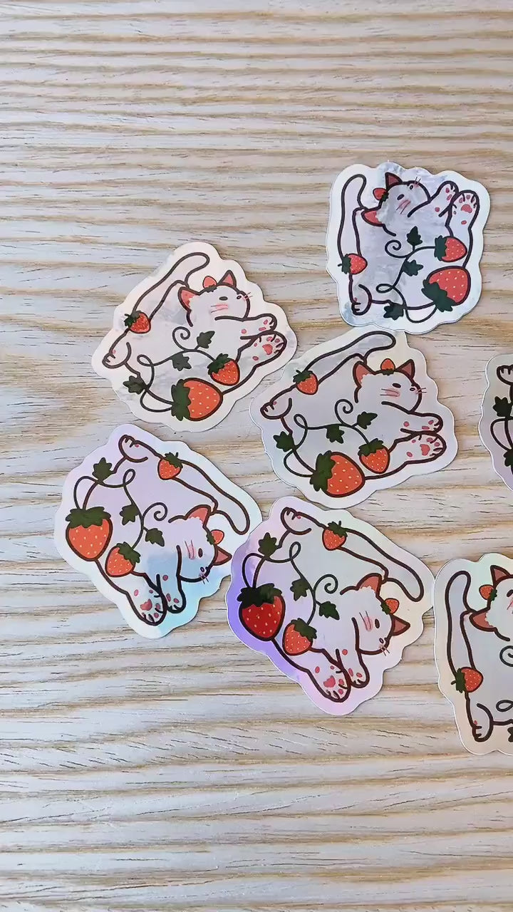 Holographic Strawberry Cat Sticker | Cat Sticker | Kitten Sticker | Cute Animal Sticker | Fruit Sticker | Laptop Sticker | Vinyl Sticker